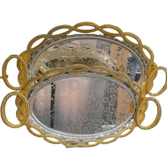 تصویر  سینی عربی لعابی جفتی بیضی طرح زنجیری طلایی