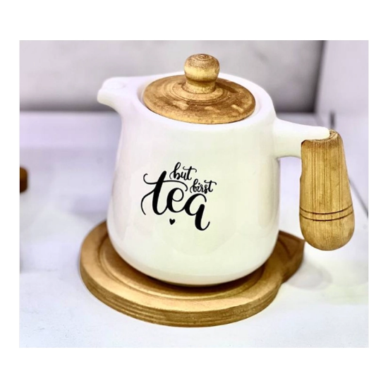 تصویر  قوری سرامیکی دسته چوبی تکست