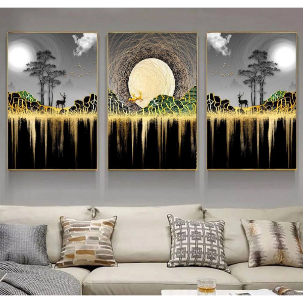 تصویر  تابلو سه‌تکه شیشه‌ای طرح گوزن طلایی 40در60