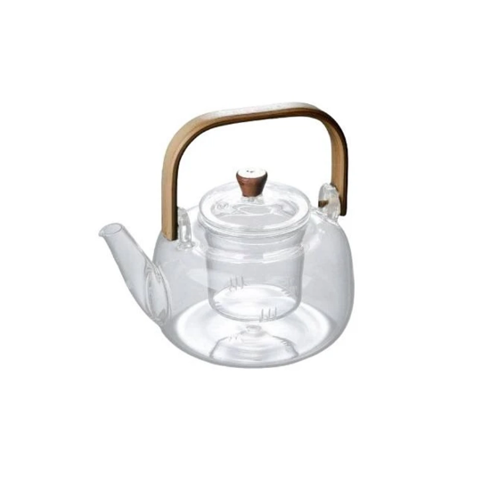 تصویر  قوری شیشه‌ای پیرکس با دسته چوبی بامبو