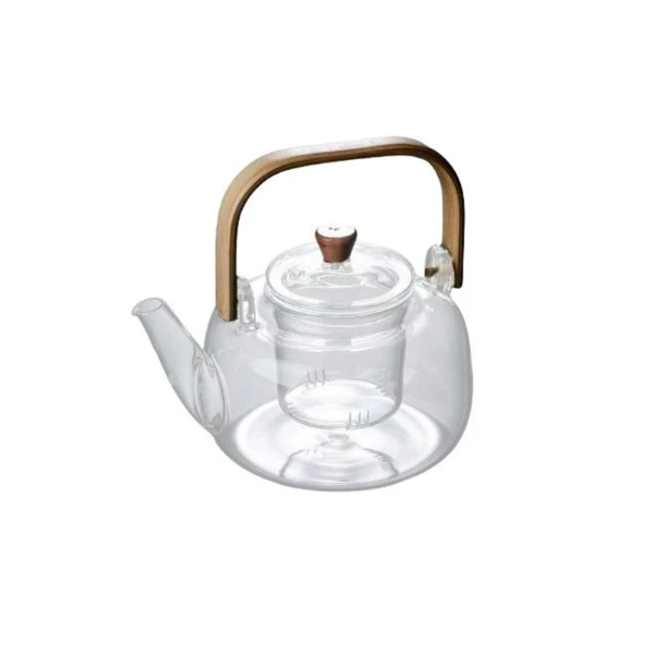 تصویر  قوری شیشه‌ای پیرکس با دسته چوبی بامبو