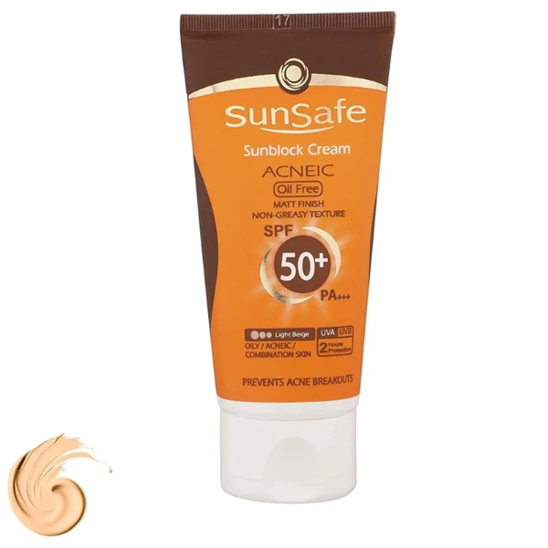 تصویر  کرم ضد آفتاب فاقد چربی سان سیف SUNSAFE مدل ACNEIC با SPF50 رنگ دار