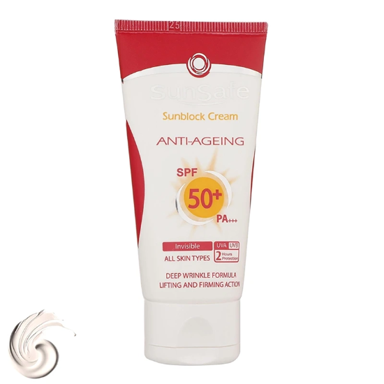 تصویر  کرم ضد آفتاب و ضدچروک بی رنگ سان سیف SPF50 مناسب انواع پوست 50 میلی‌لیتر