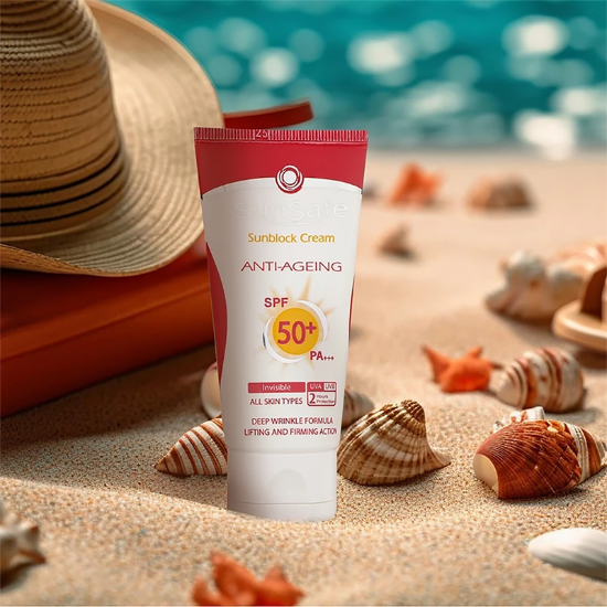تصویر  کرم ضد آفتاب و ضدچروک بی رنگ سان سیف SPF50 مناسب انواع پوست 50 میلی‌لیتر