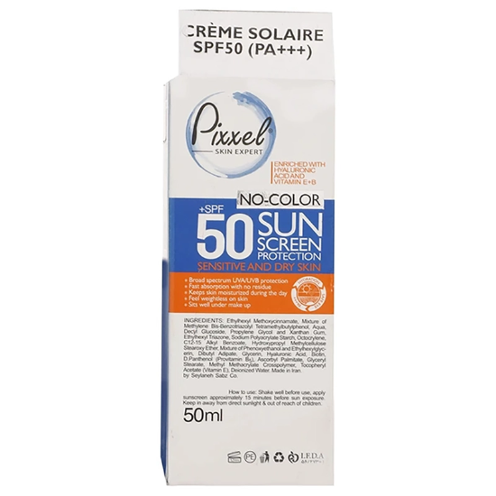 تصویر  کرم ضد آفتاب بی رنگ پیکسل با 50+SPF مناسب پوست خشک و معمولی
