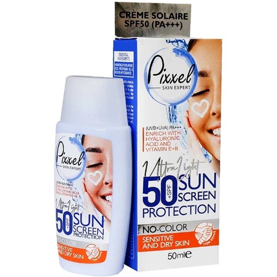 تصویر  کرم ضد آفتاب بی رنگ پیکسل با 50+SPF مناسب پوست خشک و معمولی