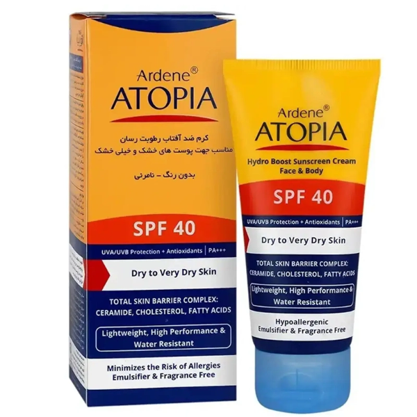 تصویر  کرم ضد آفتاب بی رنگ آردن آتوپیا با SPF40 برای پوست‌های خشک و خیلی خشک