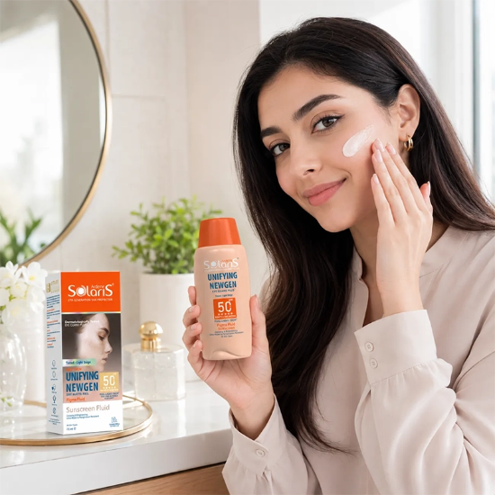 تصویر  فلوئید ضد آفتاب رنگی ضد لک آردن سولاریس مدل نیوژن بژ طبیعی SPF50