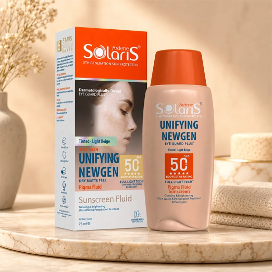 تصویر  فلوئید ضد آفتاب رنگی ضد لک آردن سولاریس مدل نیوژن بژ طبیعی SPF50