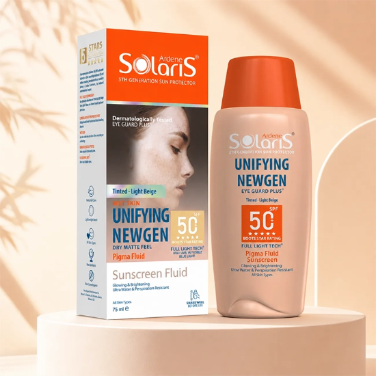 تصویر  فلوئید ضد آفتاب رنگی ضد لک آردن سولاریس مدل نیوژن بژ طبیعی SPF50