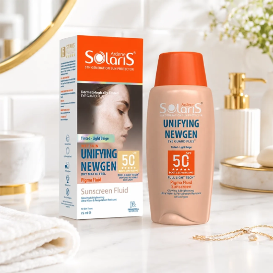 تصویر  فلوئید ضد آفتاب رنگی ضد لک آردن سولاریس مدل نیوژن بژ طبیعی SPF50