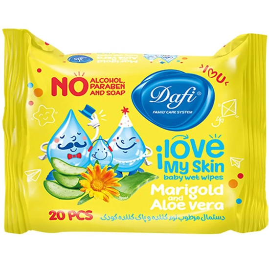 تصویر  دستمال مرطوب کودک دافی Dafi مدل Marigold & Aloe Vera نرم کننده و پاک کننده 20 عددی