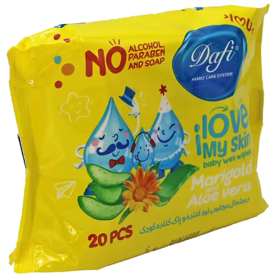 تصویر  دستمال مرطوب کودک دافی Dafi مدل Marigold & Aloe Vera نرم کننده و پاک کننده 20 عددی
