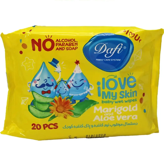 تصویر  دستمال مرطوب کودک دافی Dafi مدل Marigold & Aloe Vera نرم کننده و پاک کننده 20 عددی
