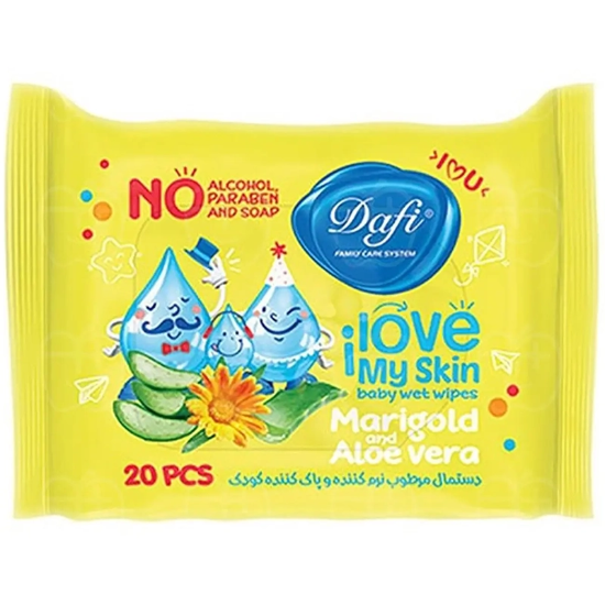 تصویر  دستمال مرطوب کودک دافی Dafi مدل Marigold & Aloe Vera نرم کننده و پاک کننده 20 عددی