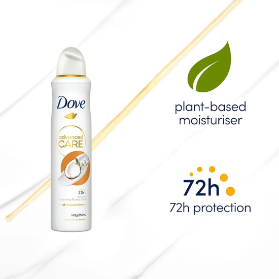 تصویر  اسپری ضد تعریق زنانه داو Dove با رایحه نارگیل و یاس 72 ساعته ظرفیت 250ml